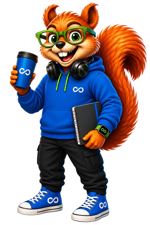 TruNova's friendly squirrel mascot holding a coffee and notebook, ready to listen.